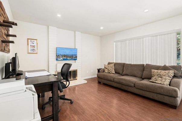 Fireplace, Home Office, Interior, Recessed Lighting, Wood Texture Flooring