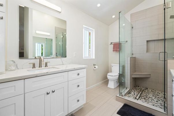 Bathroom, Dual Sink Vanities, Glass Shower, Interior, Recessed Lighting