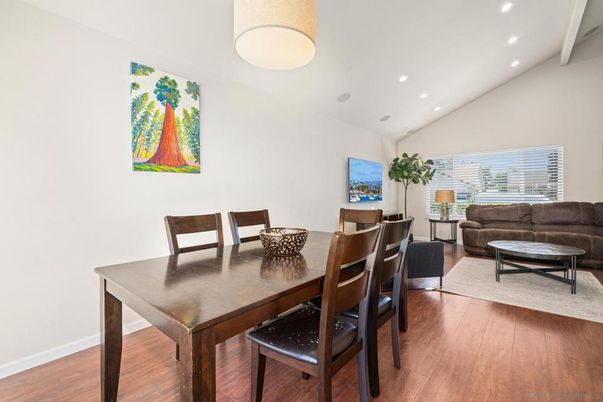 Dining room, Interior, Living room, Recessed Lighting, Wood Texture Flooring