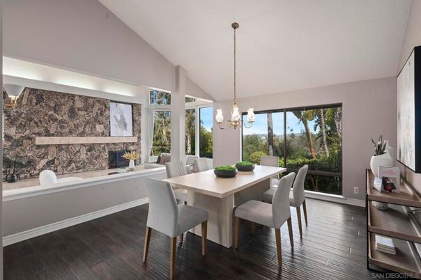 Chandelier, Dining room, Fireplace, Interior, Pendant Lights, Wood Texture Flooring