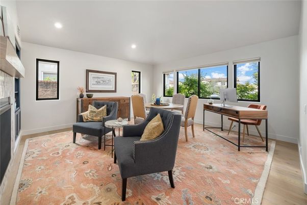 Fireplace, Home Office, Interior, Recessed Lighting, Wood Texture Flooring