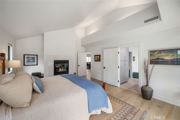 Bedroom, Fireplace, Interior, Wood Texture Flooring