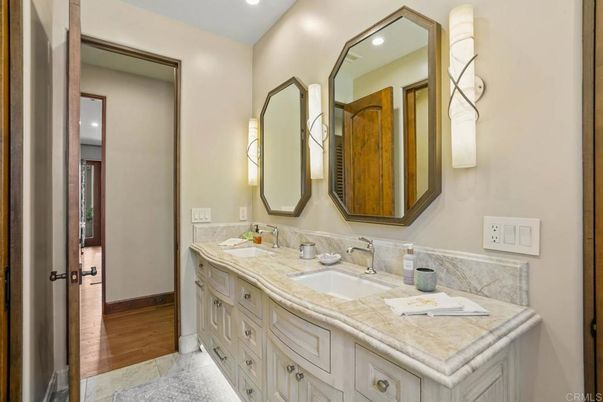 Bathroom, Dual Sink Vanities, Interior, Recessed Lighting, Wood Texture Flooring