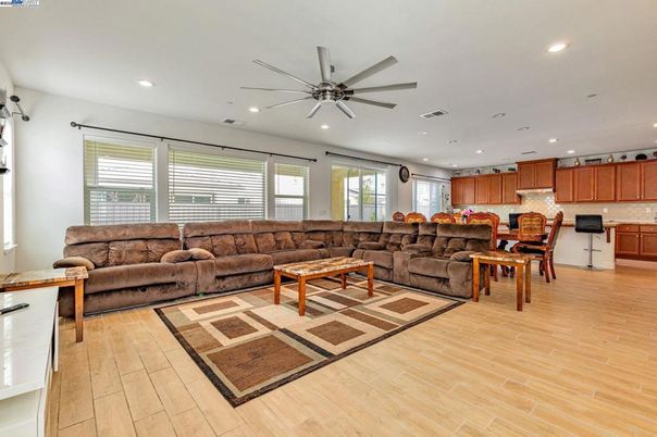 Dining room, Interior, Kitchen, Living room, Recessed Lighting, Wood Texture Flooring