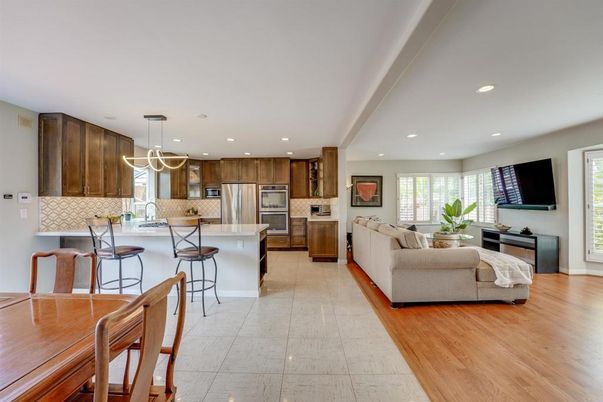 Interior, Kitchen, Living room, Pendant Lights, Recessed Lighting, Stainless Steel Appliances, Wood Texture Flooring