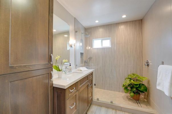 Bathroom, Interior, Recessed Lighting, Wood Texture Flooring