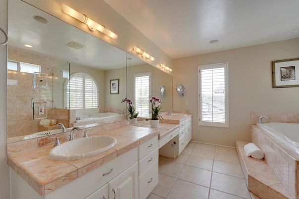Bathroom, Dual Sink Vanities, Glass Shower, Interior, Recessed Lighting, Tile Countertops