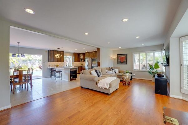 Dining room, Interior, Kitchen, Living room, Pendant Lights, Recessed Lighting, Stainless Steel Appliances, Wood Texture Flooring
