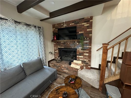 Fireplace, Interior, Recessed Lighting, Stone Walls, Wooden Beams, Wood Texture Flooring