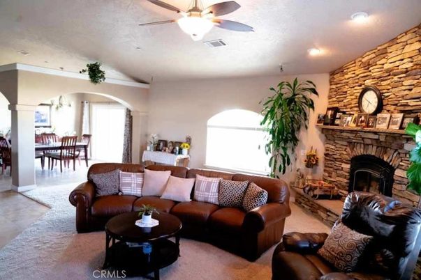 Dining room, Fireplace, Interior, Living room, Recessed Lighting, Stone Walls