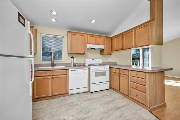 Interior, Kitchen, Marble, Recessed Lighting, Wood Texture Flooring
