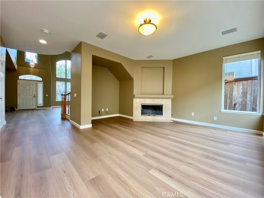 Empty room, Fireplace, Interior, Recessed Lighting, Wood Texture Flooring