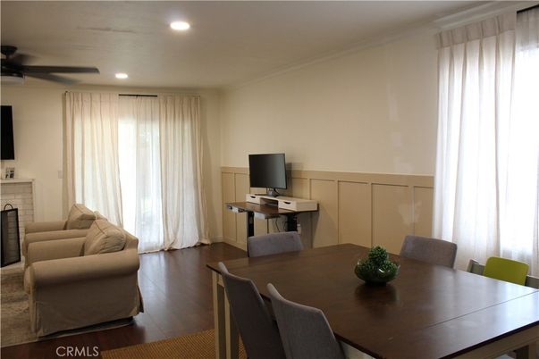 Fireplace, Home Office, Interior, Recessed Lighting, Wood Texture Flooring