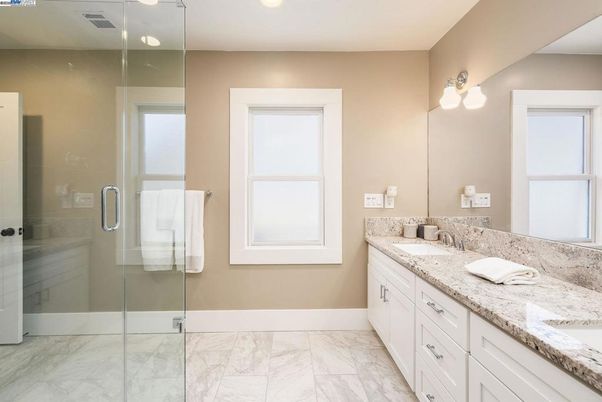 Bathroom, Dual Sink Vanities, Glass Shower, Interior, Marble, Recessed Lighting