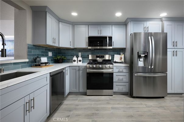Interior, Kitchen, Recessed Lighting, Stainless Steel Appliances, Wood Texture Flooring