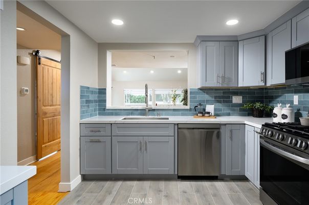 Interior, Kitchen, Recessed Lighting, Stainless Steel Appliances, Wood Texture Flooring
