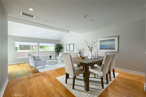 Dining room, Interior, Living room, Recessed Lighting, Wood Texture Flooring