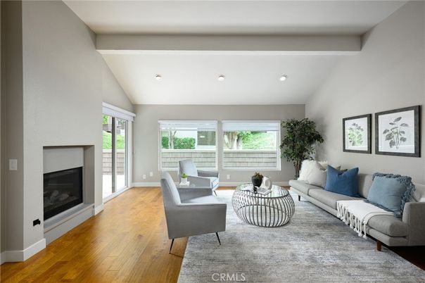Fireplace, Interior, Living room, Recessed Lighting, Wood Texture Flooring