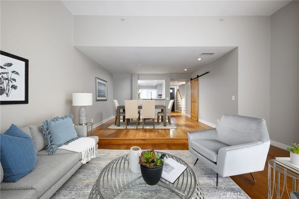 Dining room, Interior, Living room, Recessed Lighting, Wood Texture Flooring