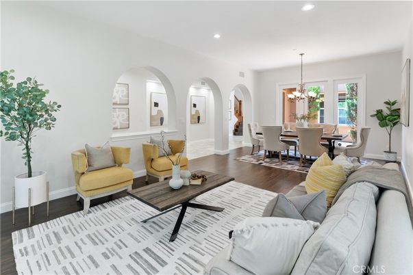 Chandelier, Dining room, Interior, Living room, Recessed Lighting, Wood Texture Flooring