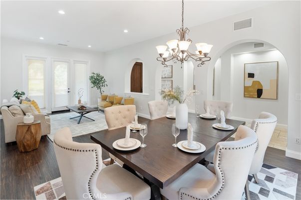 Chandelier, Dining room, Interior, Living room, Recessed Lighting, Wood Texture Flooring