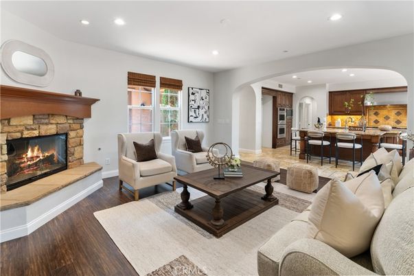 Dining room, Fireplace, Interior, Kitchen, Living room, Recessed Lighting, Wood Texture Flooring