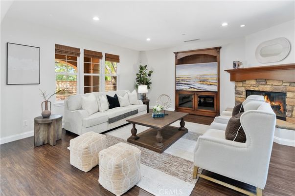Fireplace, Interior, Living room, Recessed Lighting, Wood Texture Flooring