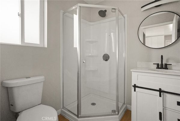 Bathroom, Glass Shower, Interior, Wood Texture Flooring