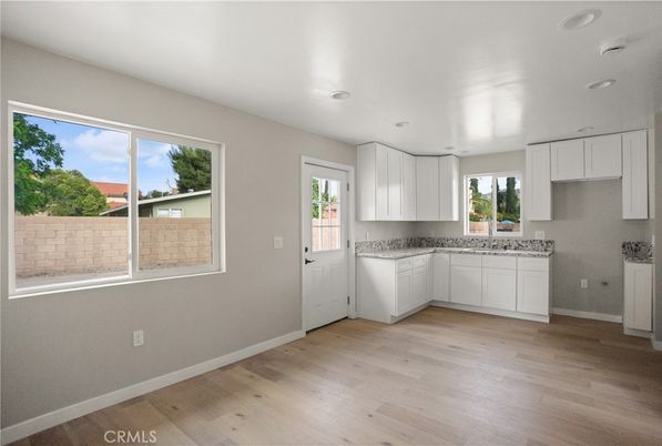 Empty room, Interior, Kitchen, Recessed Lighting, Wood Texture Flooring