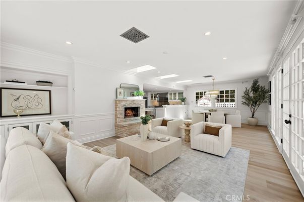 Dining room, Fireplace, Interior, Living room, Pendant Lights, Recessed Lighting, Wood Texture Flooring
