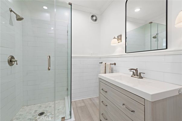 Bathroom, Glass Shower, Interior, Recessed Lighting, Wood Texture Flooring