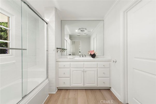Bathroom, Glass Shower, Interior, Recessed Lighting, Wood Texture Flooring
