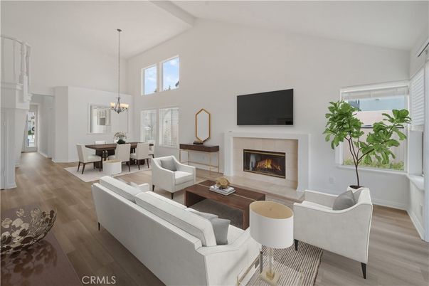 Chandelier, Dining room, Fireplace, Interior, Living room, Pendant Lights, Wood Texture Flooring