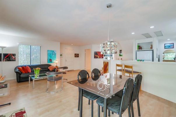 Dining room, Interior, Living room, Pendant Lights, Recessed Lighting, Wood Texture Flooring