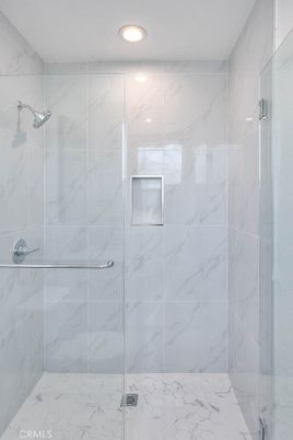 Bathroom, Glass Shower, Interior, Marble Walls, Recessed Lighting