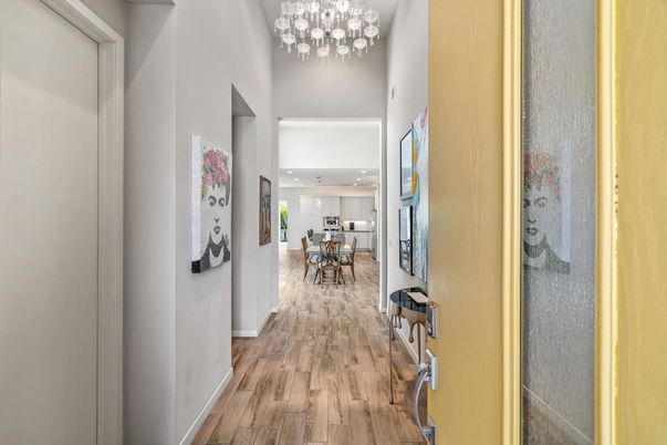 Chandelier, Dining room, Interior, Kitchen, Recessed Lighting, Wood Texture Flooring