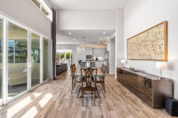 Dining room, Interior, Kitchen, Recessed Lighting, Stainless Steel Appliances, Wood Texture Flooring