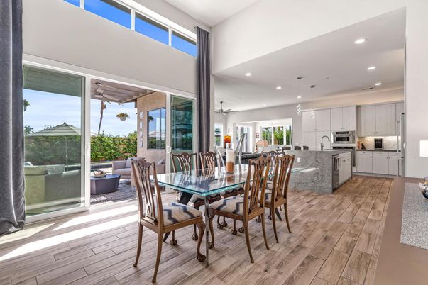 Dining room, Interior, Kitchen, Pendant Lights, Recessed Lighting, Stainless Steel Appliances, Wood Texture Flooring