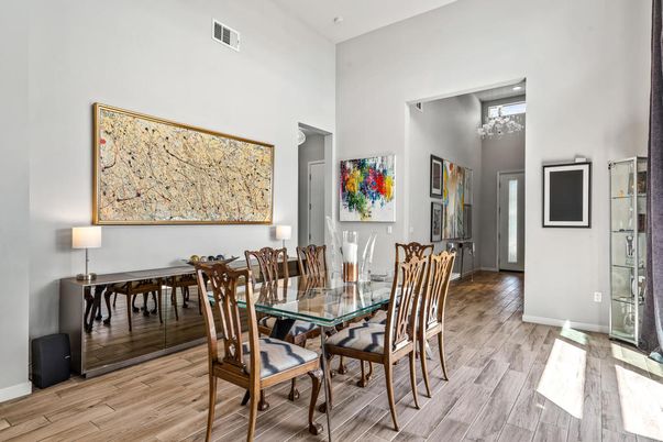 Dining room, Interior, Recessed Lighting, Wood Texture Flooring