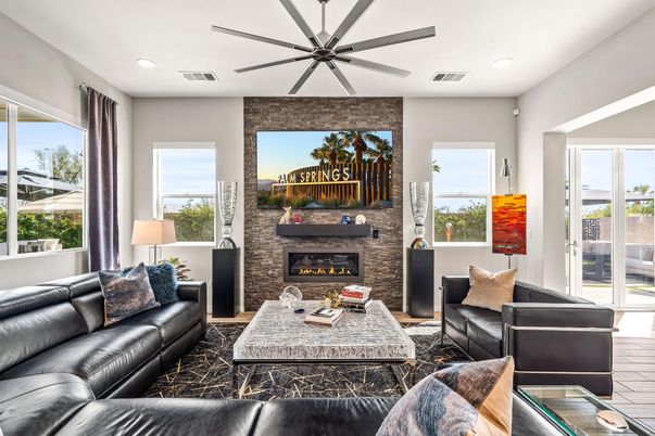 Fireplace, Interior, Living room, Recessed Lighting, Stone Walls