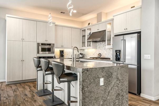 Interior, Kitchen, Pendant Lights, Recessed Lighting, Stainless Steel Appliances, Wood Texture Flooring