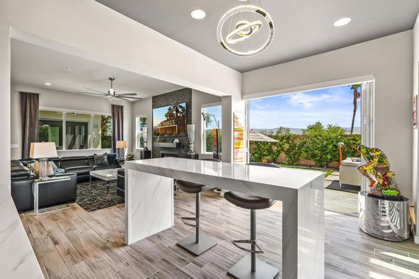 Fireplace, Interior, Living room, Pendant Lights, Recessed Lighting, Wood Texture Flooring