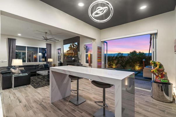 Billiard Table, Fireplace, Game Room, Interior, Living room, Pendant Lights, Recessed Lighting, Wood Texture Flooring