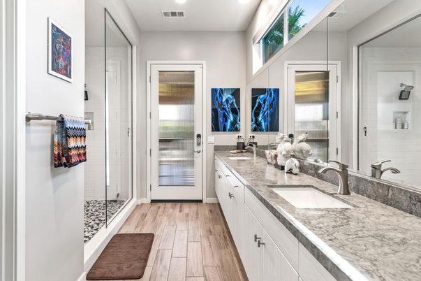 Bathroom, Dual Sink Vanities, Glass Shower, Interior, Recessed Lighting, Wood Texture Flooring