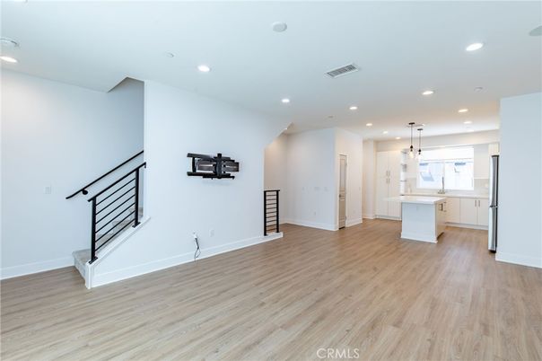Empty room, Interior, Kitchen, Pendant Lights, Recessed Lighting, Wood Texture Flooring