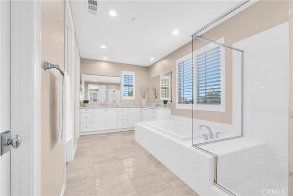 Bathroom, Dual Sink Vanities, Glass Shower, Interior, Recessed Lighting