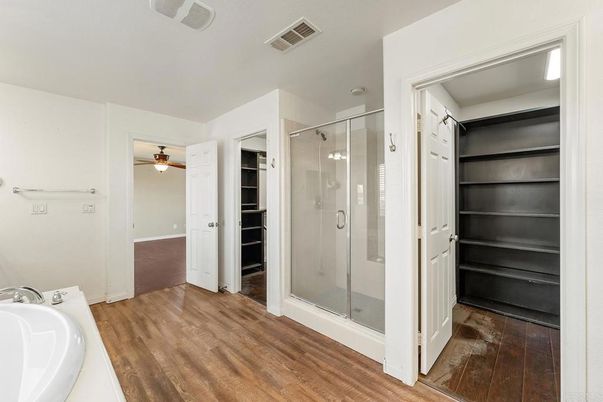 Bathroom, Glass Shower, Interior, Wood Texture Flooring