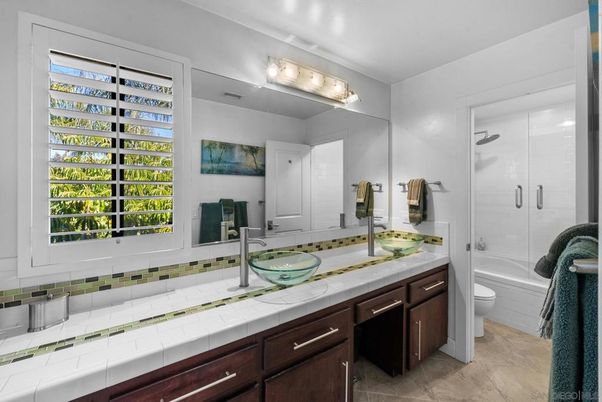 Bathroom, Dual Sink Vanities, Glass Shower, Interior, Tile Countertops