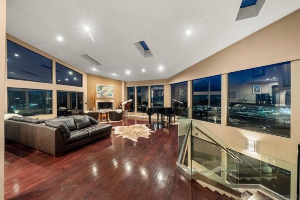 Fireplace, Interior, Living room, Piano, Recessed Lighting, Wood Texture Flooring