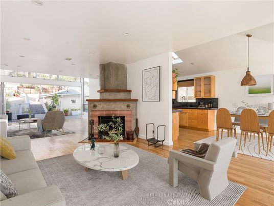Dining room, Fireplace, Interior, Kitchen, Living room, Pendant Lights, Recessed Lighting, Wood Texture Flooring
